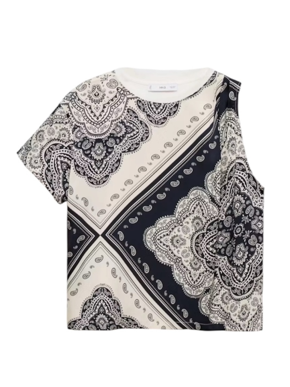 MNG Mango Bandana Print Top Dark Blue Off White Paisley Tee Asymmetrical